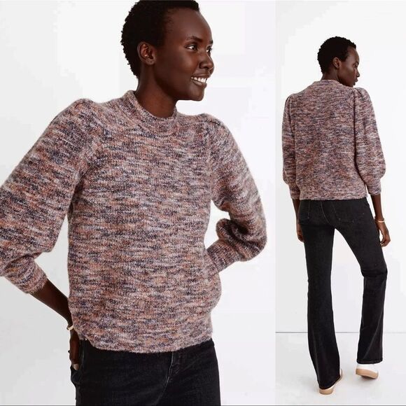 MADEWELL Space Dyed Eaton Knit Sweater Sz Medium Puff Sleeve Marled Plum Cropped - Picture 1 of 7